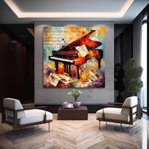 Piyano Müzik Temalı Yağlıboya Kanvas, Modern Tasarım Müzikal Duvar Dekoru 60x60 cm