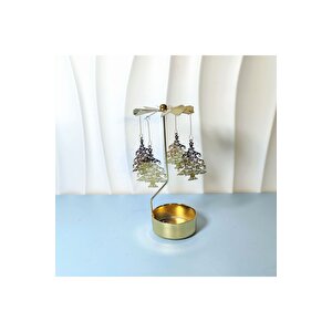 Çam Ağacı Metal Mumluk, Isı İle Döner, Altın, 13x8