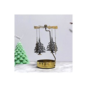 Çam Ağacı Metal Mumluk, Isı İle Döner, Altın, 13x8