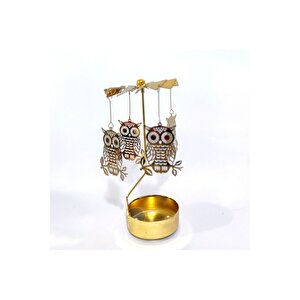 Baykuş Metal Mumluk, Isı İle Döner, Altın, 13x8
