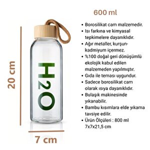 Borosilikat Cam Detox Matara 600 Ml – Bambu Kapaklı, Isıya Dayanıklı, Şık Su Şişesi Termos