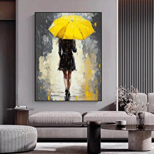 Sarı Şemsiye Ile Soyut Kadın – Yağmur Altında Kadın Tablosu 50x70 cm