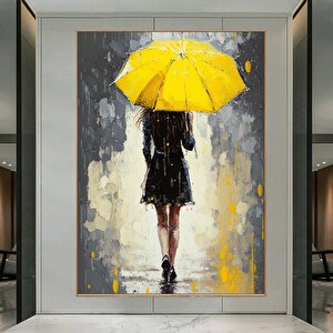Sarı Şemsiye Ile Soyut Kadın – Yağmur Altında Kadın Tablosu