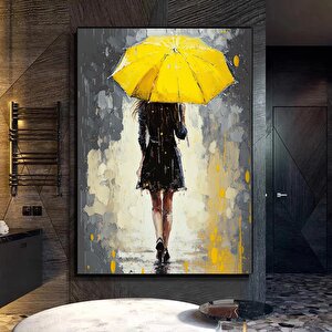 Sarı Şemsiye Ile Soyut Kadın – Yağmur Altında Kadın Tablosu