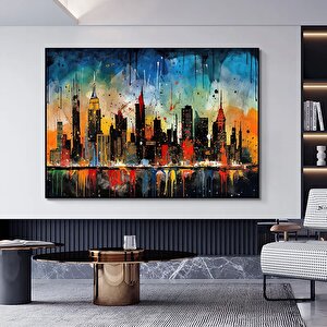 Renkli Şehir Manzaralı Kanvas Tablo – Modern Soyut Şehir Sanatı Duvar Dekoru 100x150 cm
