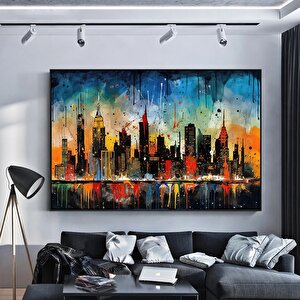 Renkli Şehir Manzaralı Kanvas Tablo – Modern Soyut Şehir Sanatı Duvar Dekoru 100x150 cm
