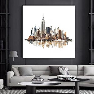 Renkli Şehir Manzaralı Suluboya Kanvas Tablosu, Şehir Peyzajı Duvar Dekoru 60x60 cm