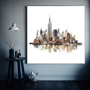 Renkli Şehir Manzaralı Suluboya Kanvas Tablosu, Şehir Peyzajı Duvar Dekoru 60x60 cm