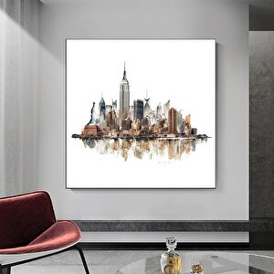 Renkli Şehir Manzaralı Suluboya Kanvas Tablosu, Şehir Peyzajı Duvar Dekoru 40x40 cm