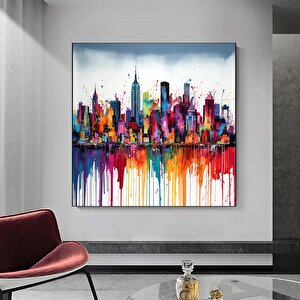 Renkli Şehir Manzaralı Kanvas Tablo – Modern Soyut Şehir Sanatı Duvar Dekoru