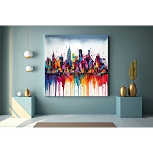 Renkli Şehir Manzaralı Kanvas Tablo – Modern Soyut Şehir Sanatı Duvar Dekoru