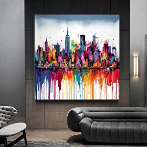 Renkli Şehir Manzaralı Kanvas Tablo – Modern Soyut Şehir Sanatı Duvar Dekoru 60x60 cm