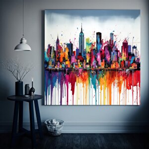 Renkli Şehir Manzaralı Kanvas Tablo – Modern Soyut Şehir Sanatı Duvar Dekoru 60x60 cm
