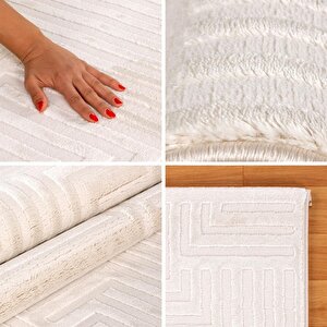 Kabartmalı Yumuşak Dalga Desenli İskandinav Bohem Tarzı Halı Krem Tonlarında 80x100 cm