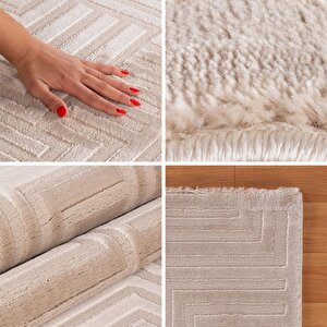 Kabartmalı Yumuşak Geometrik Desenli İskandinav Bohem Tarzı Halı Bej Tonlarında 200x450 cm