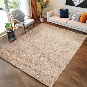 Yüksek Tüylü 30 Mm Hav Yüksekliğinde Düz Bej Renkli Shaggy Halı 200x250 cm