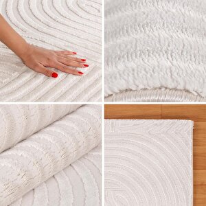 Kabartmalı Yumuşak Karo Desenli İskandinav Bohem Tarzı Halı Krem Tonlarında 80x100 cm