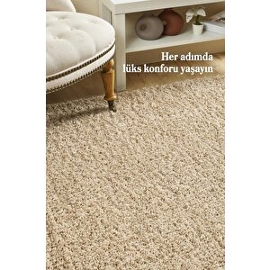 Yüksek Tüylü 30 Mm Hav Yüksekliğinde Düz Bej Renkli Shaggy Halı