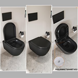 Cocon 2.0 Kanalsız Asma Klozet 49 Cm – Metal Menteşeli, Yavaş Kapanır Tak-çıkar Kapak Dahil, 2 Parça Set, Mat Siyah