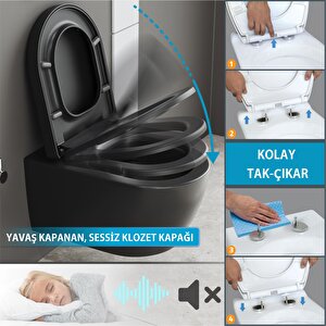 Aqua Bagno Cocon 2.0 Kanalsız Asma Klozet 49 Cm – Metal Menteşeli, Yavaş Kapanır Tak-çıkar Kapak Dahil, 2 Parça Set, Mat Siyah