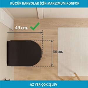 Aqua Bagno Cocon 2.0 Kanalsız Asma Klozet 49 Cm – Metal Menteşeli, Yavaş Kapanır Tak-çıkar Kapak Dahil, 2 Parça Set, Mat Siyah
