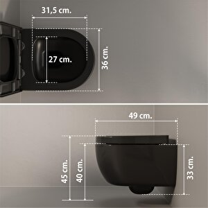 Aqua Bagno Cocon 2.0 Kanalsız Asma Klozet 49 Cm – Metal Menteşeli, Yavaş Kapanır Tak-çıkar Kapak Dahil, 2 Parça Set, Mat Siyah