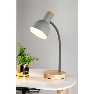 Usb Led Masa Lambası Gri Ahşap Tabanlı Modern Dekoratif, Şık Esnek Boyunlu Ofis Ve Çalışma Lambası