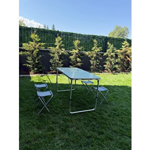 Modulbox Katlanabi̇li̇r, Ayarlanabi̇li̇r Alümi̇nyum 60x120, 4 Tabure, Kamp Masa Takimi, Pi̇kni̇k Masa Takimi, Açik Yeşi̇l