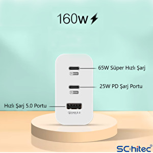 Schitec 160w 2xtype-c + Usba Quick Charger 5.0 Teknolojili Ev Tipi 3 Çıkışlı 6a 120w Usba To Type-c Kablolu Şarj Aleti
