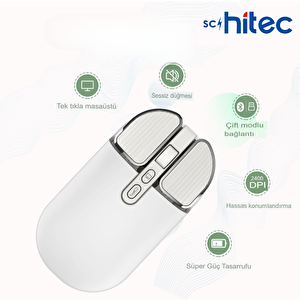 Schitec M203 Çift Modlu Taşınabilir Optik Kablosuz 2.4ghz Ve Bluetooth Bağlantılı Süper Sessiz Mouse Beyaz