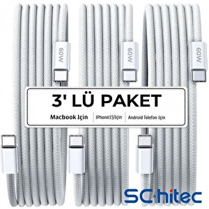 Schitec 3 Paket 6a 60w Type-c To Type-c Örgülü Hızlı Data Ve Şarj Kablosu 1 Metre K291
