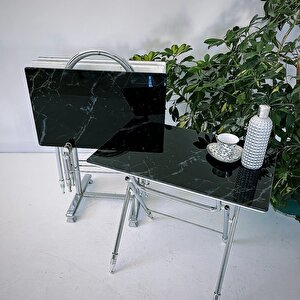 Liza Serisi Çanta Zigon, 4 Lü Katlanabilir Sehpa, Cam Sehpa, Çanta Sehpa Krom Ayak