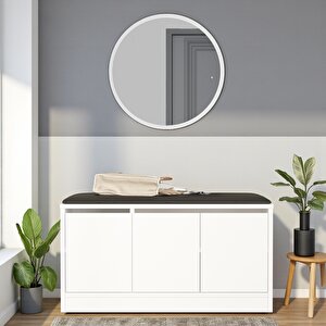 Puflu Minderli Oturaklı Aynalı Ayakkabılık Dolap 90cm Beyaz