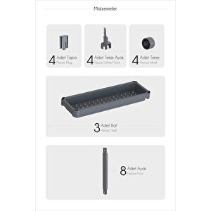 Mithra Life 4 Katlı Tekerlekli Slim İnce Gri Banyo Mutfak Rafı Mit1202