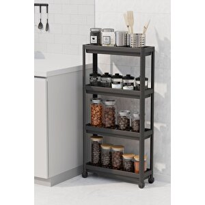 Mithra Life 4 Katlı Tekerlekli Slim İnce Siyah Banyo Mutfak Rafı Mit1201