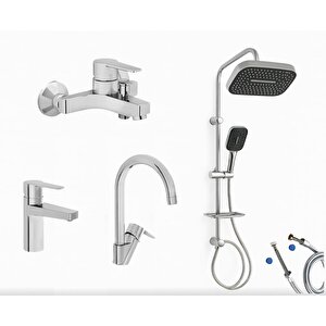 Nora S Banyo Bataryası + Lavabo Bataryası + Eviye Bataryası + Doppo Prime Lux Tepe Duş Sistemi