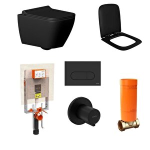 Seramiksan Saturn Rim-out Kanalsız Mat Siyah Asma Klozet + Duroplast Yavaş Kapanır Kapak + Vitra Gömme Rezervuar Set