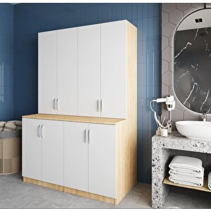 Maven Çamaşır Ve Kurutma Makinesi Dolabı Banyo Dolabı Meşe Beyaz- Montaj Dahil