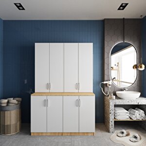 Maven Çamaşır Ve Kurutma Makinesi Dolabı Banyo Dolabı Meşe Beyaz- Montaj Dahil