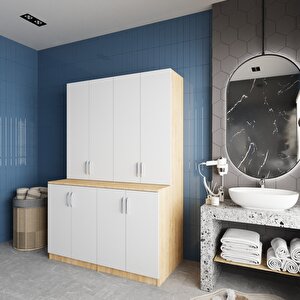 Maven Çamaşır Ve Kurutma Makinesi Dolabı Banyo Dolabı Meşe Beyaz- Montaj Dahil