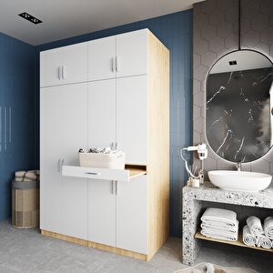 Megan Çamaşır Ve Kurutma Makinesi Dolabı Banyo Dolabı Meşe Beyaz- Montaj Dahil