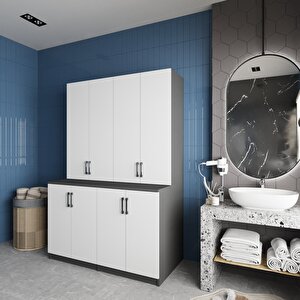 Maven Çamaşır Ve Kurutma Makinesi Dolabı Banyo Dolabı Füme Beyaz- Montaj Dahil