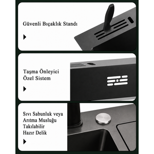 Moderno Paslanmaz Çelik Bardak Yıkamalı Mutfak Eviyesi SİYAH Renk -BAL PETEĞİ TABAN-76X45 cm
