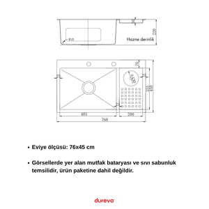 Moderno Paslanmaz Çelik Bardak Yıkamalı Mutfak Eviyesi SİYAH Renk -BAL PETEĞİ TABAN-76X45 cm