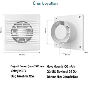 Banyo Wc Mutfak Büro Aspiratörü Elektrikli 100 Mm Havalandırma Fan Kirli Hava Kötü Koku Egzoz Fanı
