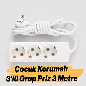 Kablolu 3'lü Topraklı Grup Priz Çoğaltıcı Çoçuk Korumalı 3 Metre Çoklu Uzatma Kablosu Anahtarsız
