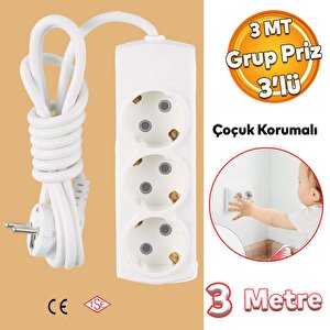 Kablolu 3'lü Topraklı Grup Priz Çoğaltıcı Çoçuk Korumalı 3 Metre Çoklu Uzatma Kablosu Anahtarsız
