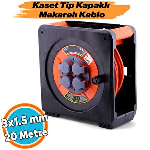 Seyyar Makaralı Uzatma Kablosu 3x1.5 Mm 20 Mt Cca Kapaklı 4 Prizli Monofaze Termal Sigortalı Plastik