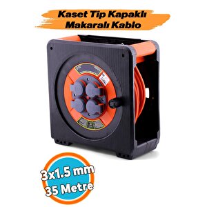 Seyyar Makaralı Cca Uzatma Kablosu 3x1.5 Mm 35 Mt Kapaklı 4 Prizli Monofaze Termal Sigortalı Plastik