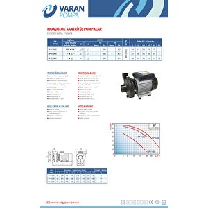 Varan Sp 1100t Tek Kademe Monoblok Santrifüj Pompa 1.5 Hp / 1.1 Kw, Trifaze 380 V, 34 Mss, 20 M3/h
